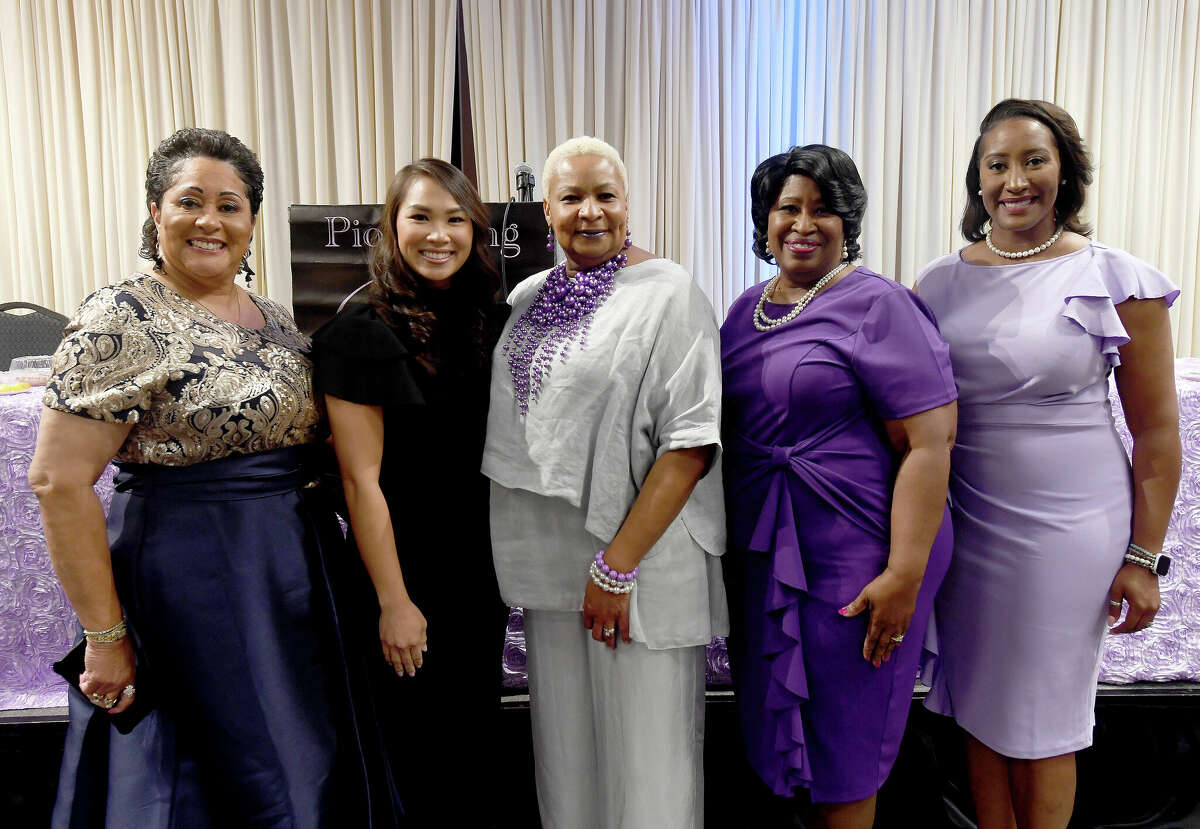 The 2022 honorees are (from left) Velina Johnson, Tea Do, Melanie Comeaux, Mary Young, Charisma Popillion and (not pictured) Charlee Hanna-Rule, at this year's annual Pioneering Women luncheon. Photo made Thursday, August 4, 2022. Kim Brent/The Enterprise
