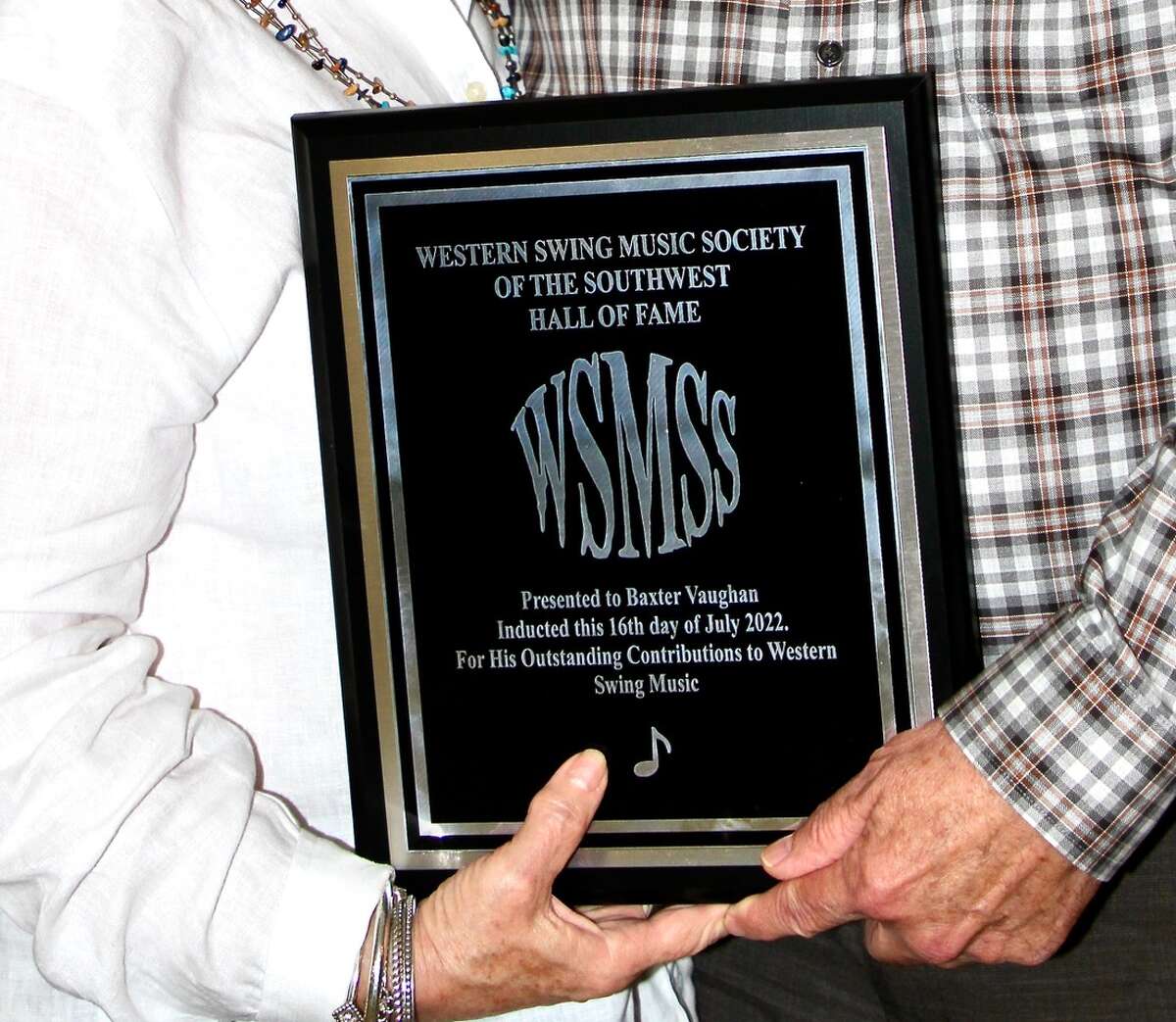 Local musician Baxter Vaughan was recently inducted into the Western Swing Music Society of the Southwest Hall of Fame. A group of his friends and supporters arranged for him to receive his plaque and public recognition during a celebration in Plainview during the Plainview Dance Club’s weekly shindig on July 28. 