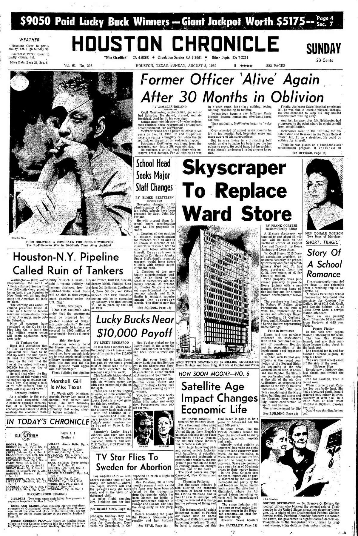 Houston Chronicle front page for Aug. 5, 1962.