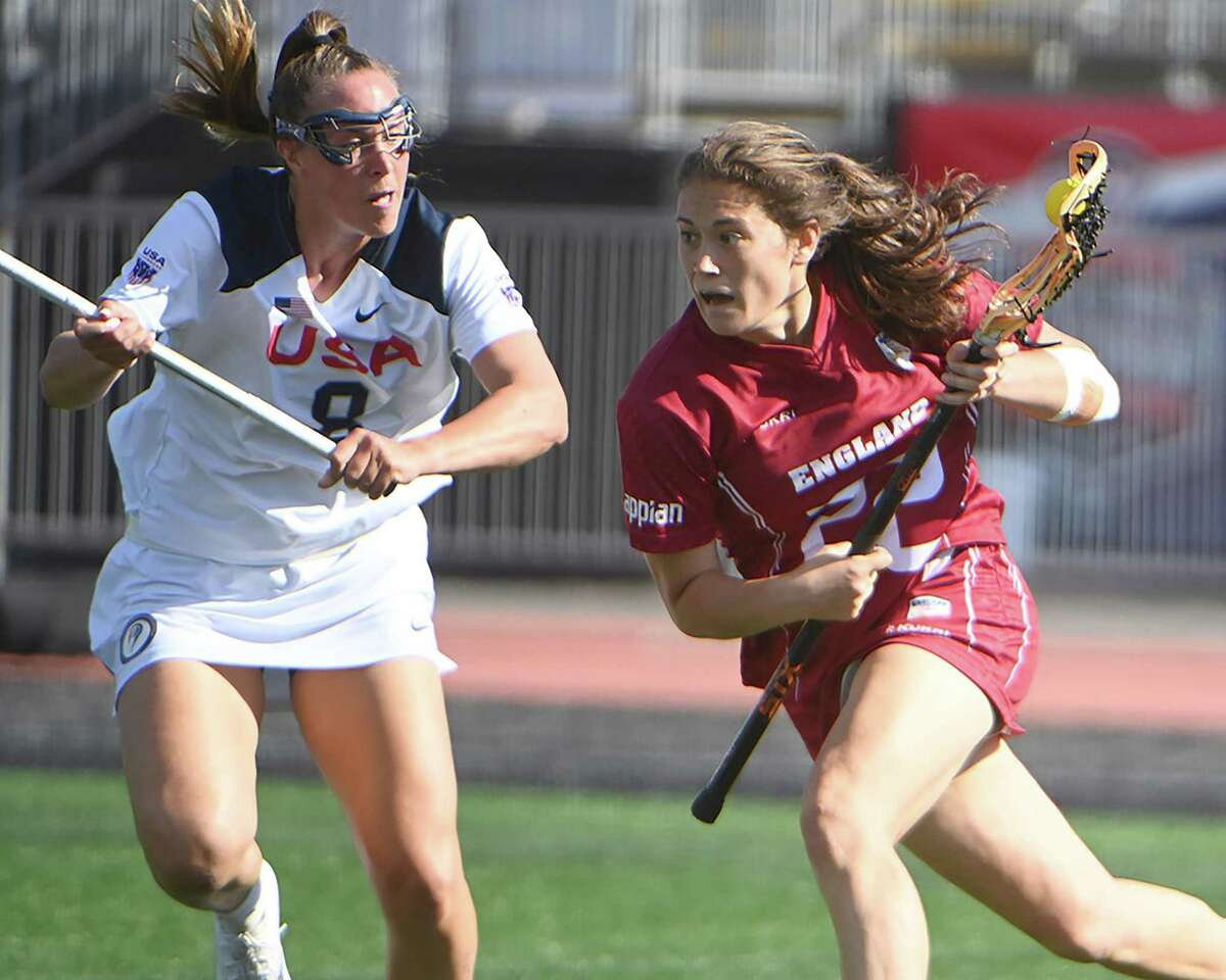 Olivia Hompe (22) in action for England during a game against the U.S. at the women’s lacrosse World Championship in Towson, Md., in July.