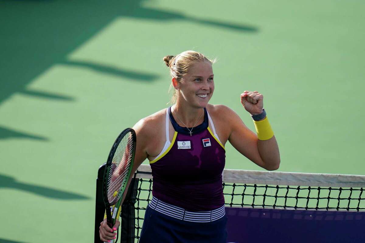 Shelby Rogers, of the United States, celebrates after her 6-1, 6-3 victory against Maria Sakkari, of Greece, at the Mubadala Silicon Valley Classic tennis tournament in San Jose, Calif., Thursday, Aug. 4, 2022. (AP Photo/Godofredo A. Vásquez)