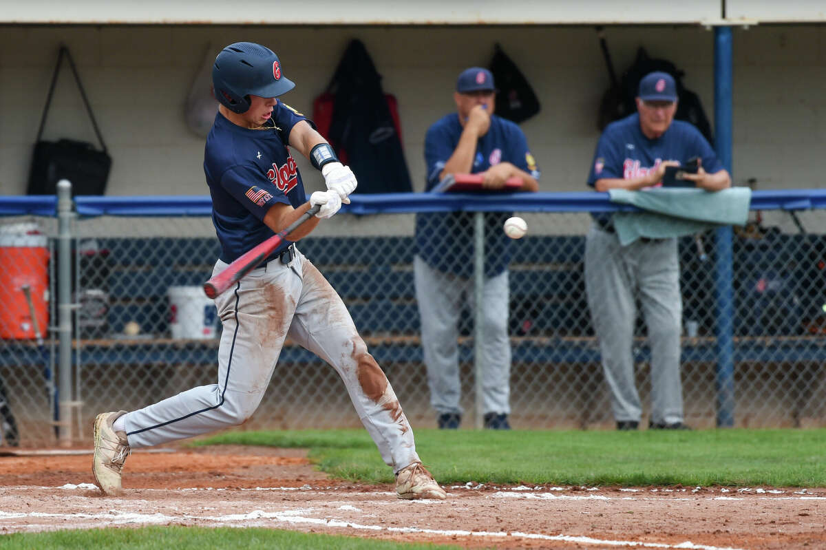 Gladwin Post 171's Lucas Mead takes a swing during Thursday's game against Muncie (Ind.) Post 9 in the American Legion Baseball Great Lakes Region tournament at Northwood University, Aug. 4, 2022.