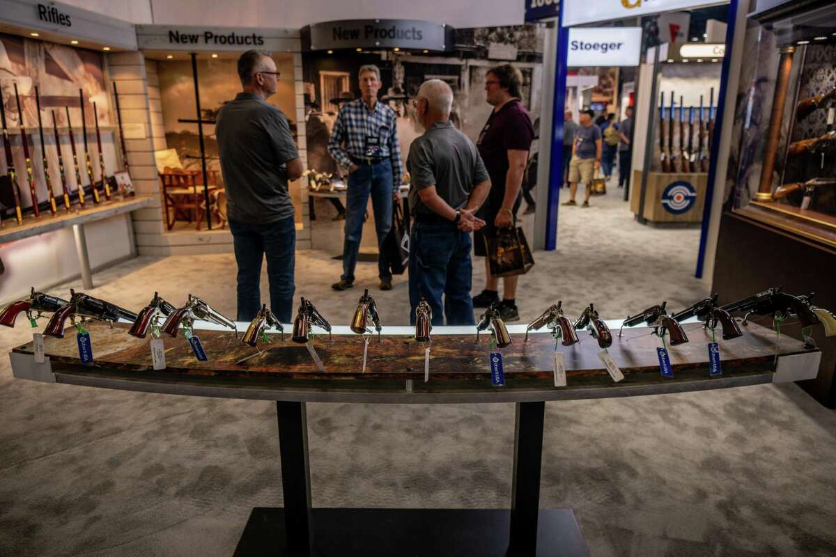 Guns on display at the Houston annual convention of the National Rifle Association. (Photo by Brandon Bell/Getty Images)