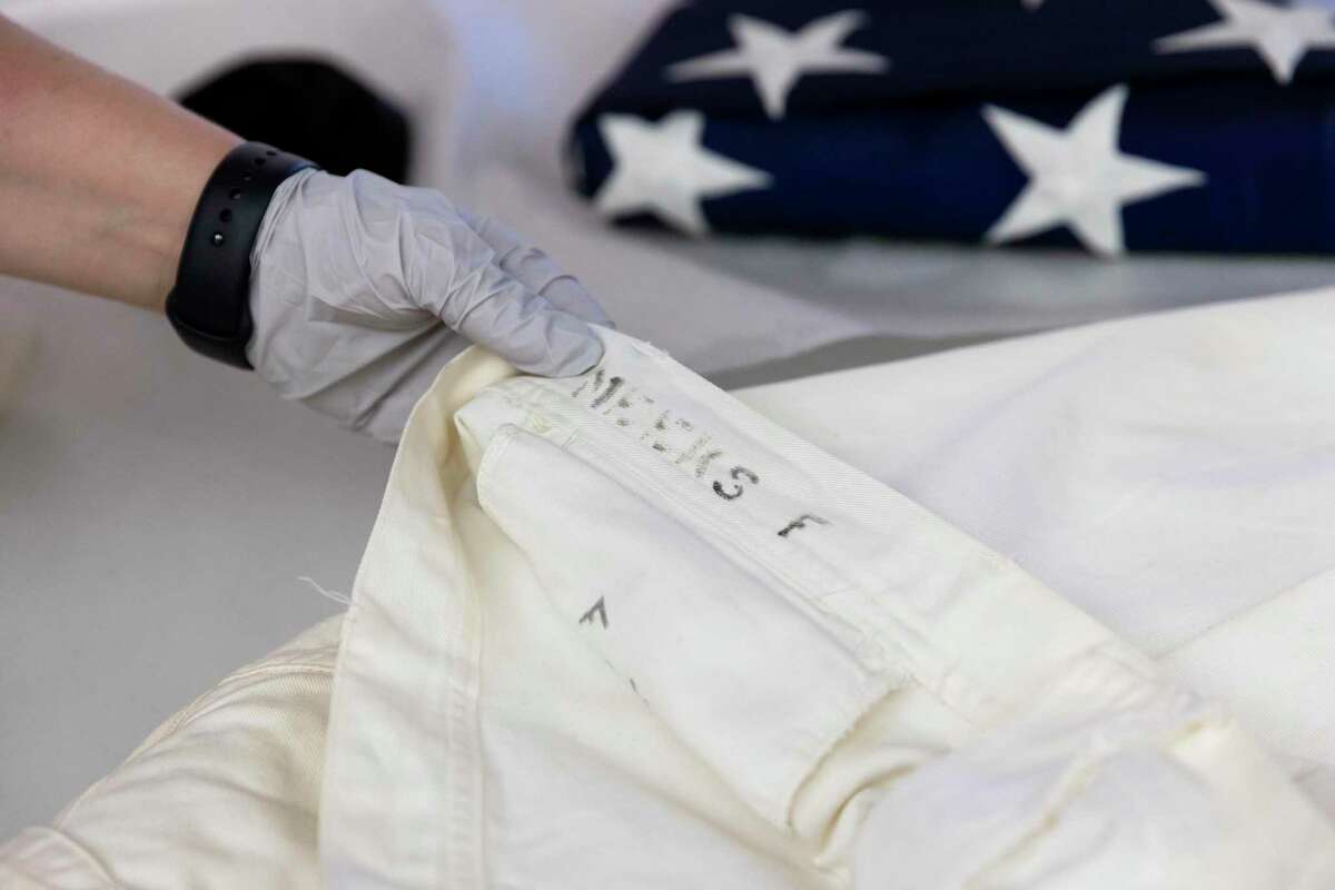 Freddie Meeks’ last name and first initial are in the waistband of his work uniform pant at the Vallejo Naval and Historical Museum. The items were donated in 2021 by Meeks’ daughter, Cheryl Elaine Jackson.