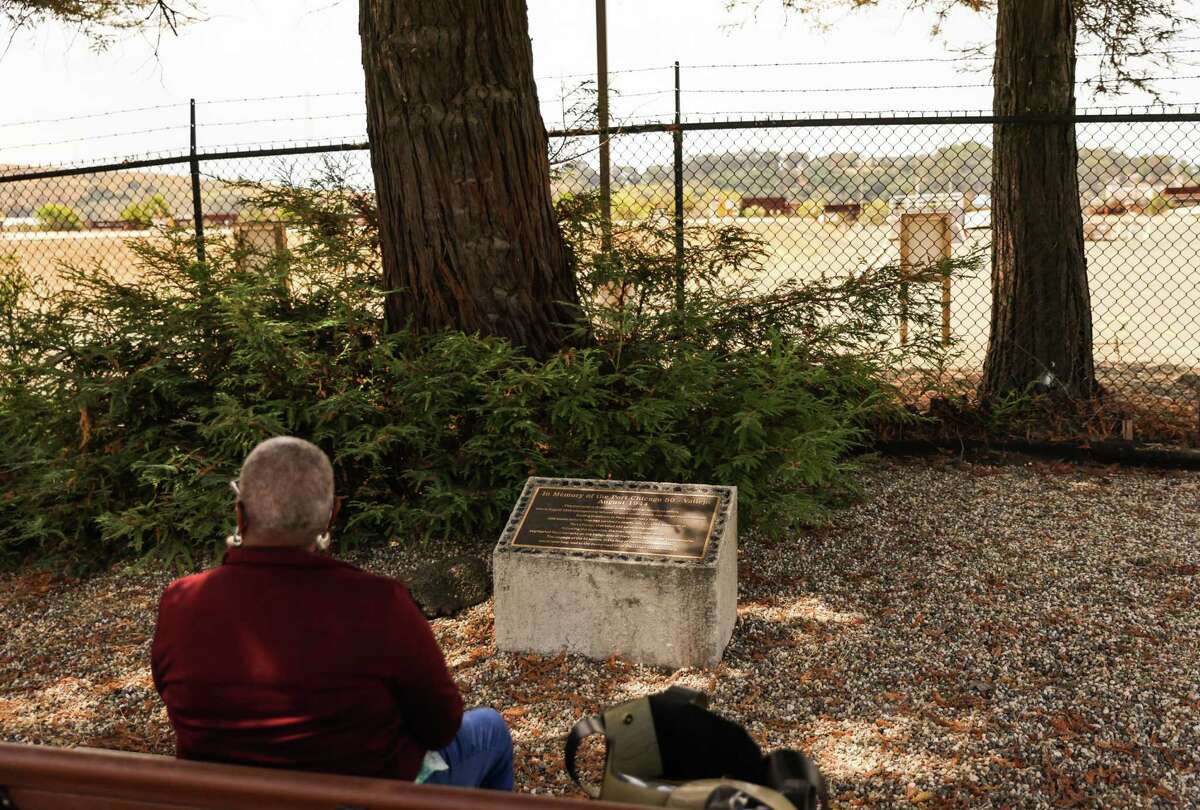 Vallejo historian and author Sharon McGriff-Payne sits at the memorial she lobbied for to honor the Port Chicago 50.