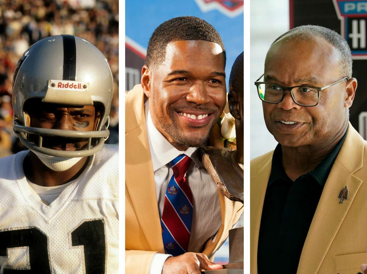 When Cliff Branch (left) goes into the Pro Football Hall of Fame on Saturday, he'll be the ninth former Houston area high school star in Canton, alongside the likes of Michael Strahan (center) and Mike Singletary (right).