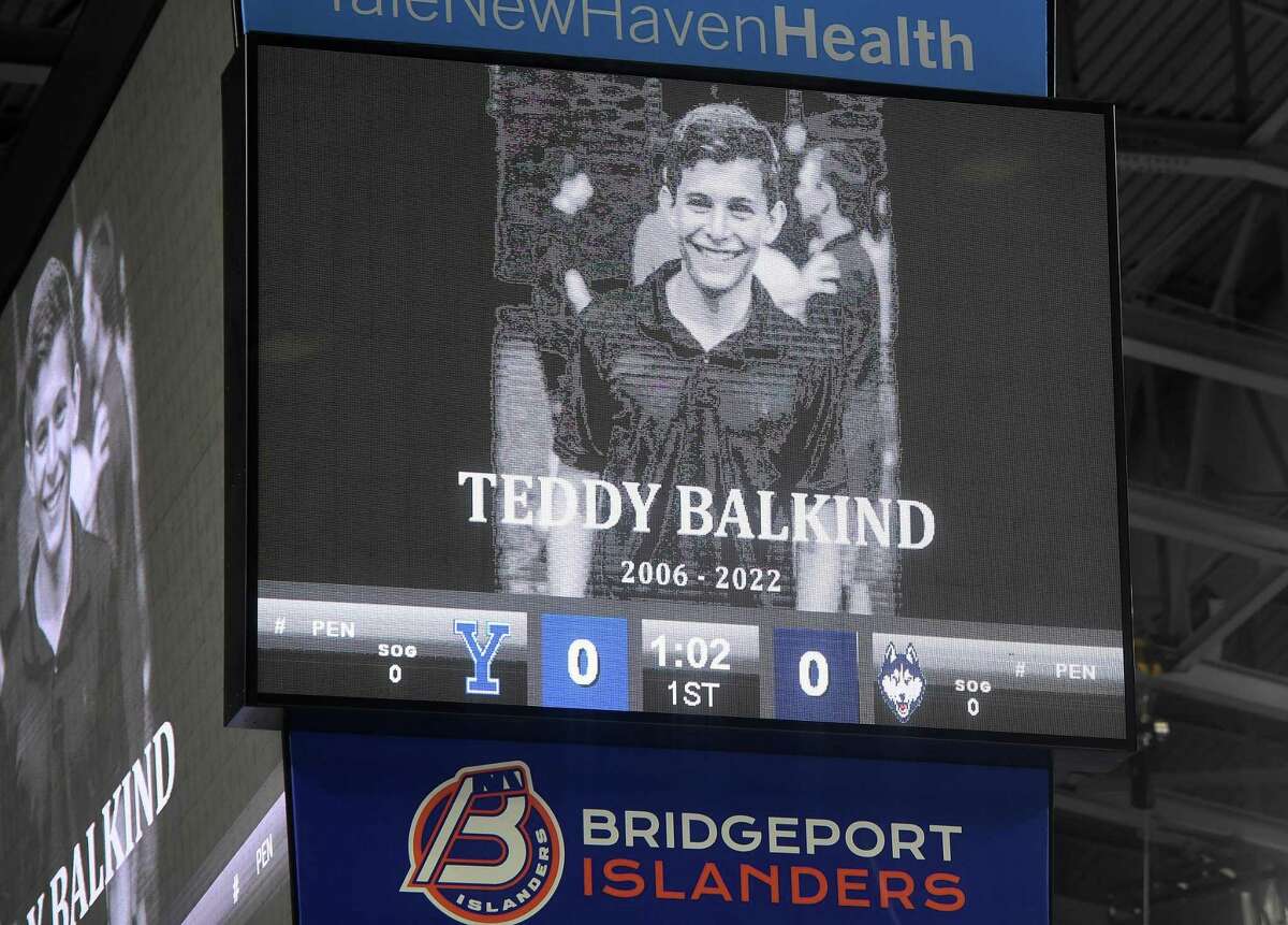 Recently deceased St.  Luke's High School hockey player Teddy Balkind is remembered with a moment of silence before the start of the opening round of the SNY Connecticut Ice hockey tournament at the Webster Bank Arena in Bridgeport, Conn.  on Saturday, January 29, 2021.