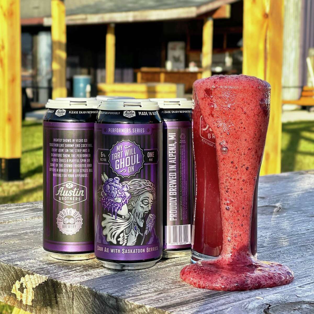 My Tart Will Ghoul On, is a fruited kettle sour featuring Saskatoon Berries, spawned from the wacky union of Austin Brothers Beer Co. in Alpena and Loaded Dice Brewery in Troy.