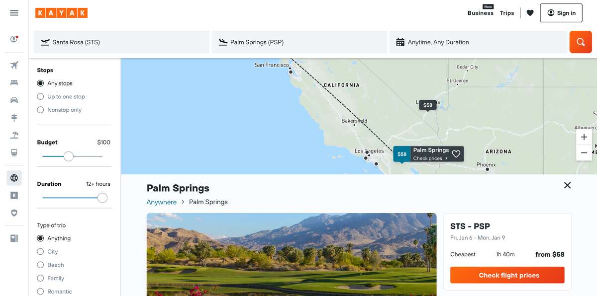 A screenshot of Kayak's Explore tool, showing $58 roundtrip flights between Sonoma and Palm Springs