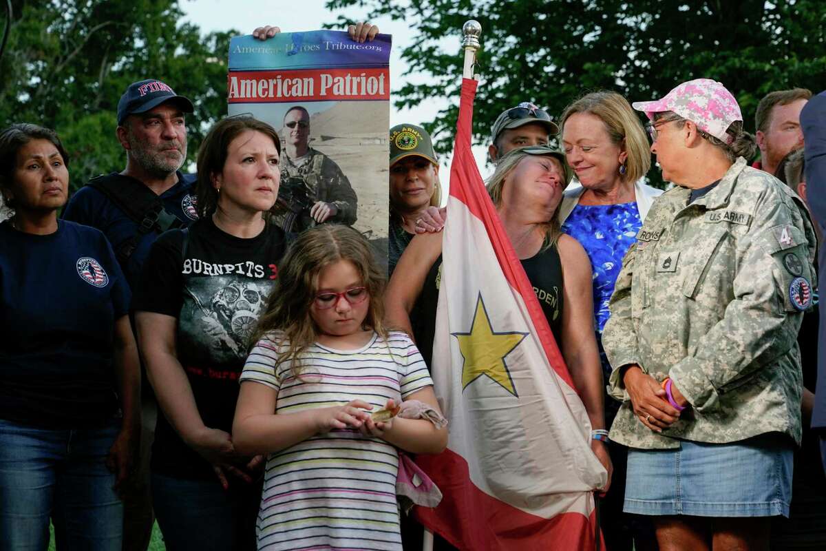 Veterans, military family members and advocates gather at a news conference after the Senate passed legislation to help veterans exposed to toxins from burn pits. A reader wonders about inconsistent votes on this from Texas’ senators.
