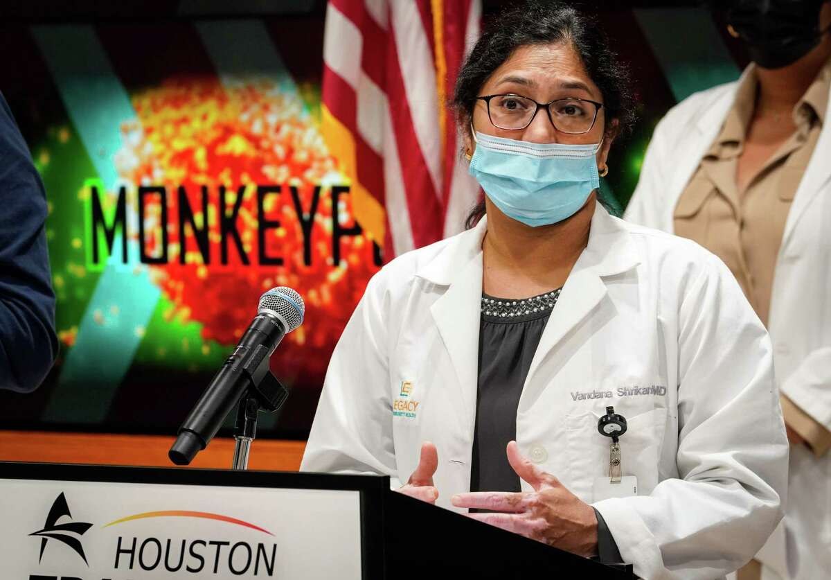 Dr. Vendana Shrikanth speaks during a press conference about growing Monkeypox infections Monday, July 25, 2022, at Houston TranStar headquarters in Houston. Houston Mayor Sylvester Turner and Harris County Judge Lina Hidalgo asked the federal government for additional vaccine doses due to rising, but still relatively small, numbers of cases. “We need more vaccine,” Turner said. He said they were watching growing caseloads in other major American cities.