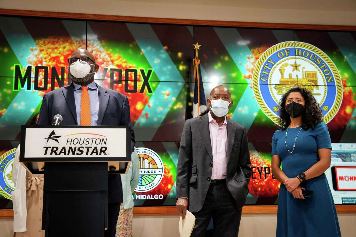 Stephen Williams, director of the Houston Health Department, from left, Houston Mayor Sylvester Turner and Harris County Judge Lina Hidalgo give a joint press conference about growing Monkeypox infections Monday, July 25, 2022, at Houston TranStar headquarters in Houston. They asked the federal government for additional vaccine doses due to rising, but still relatively small, numbers of cases. “We need more vaccine,” Turner said. He said they were watching growing caseloads in other major American cities.