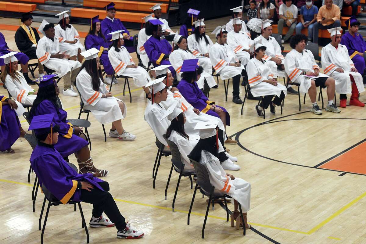 Students from Stamford’s three high schools attend a graduation ceremony for summer high school, in Stamford, Conn. Aug. 5, 2022.