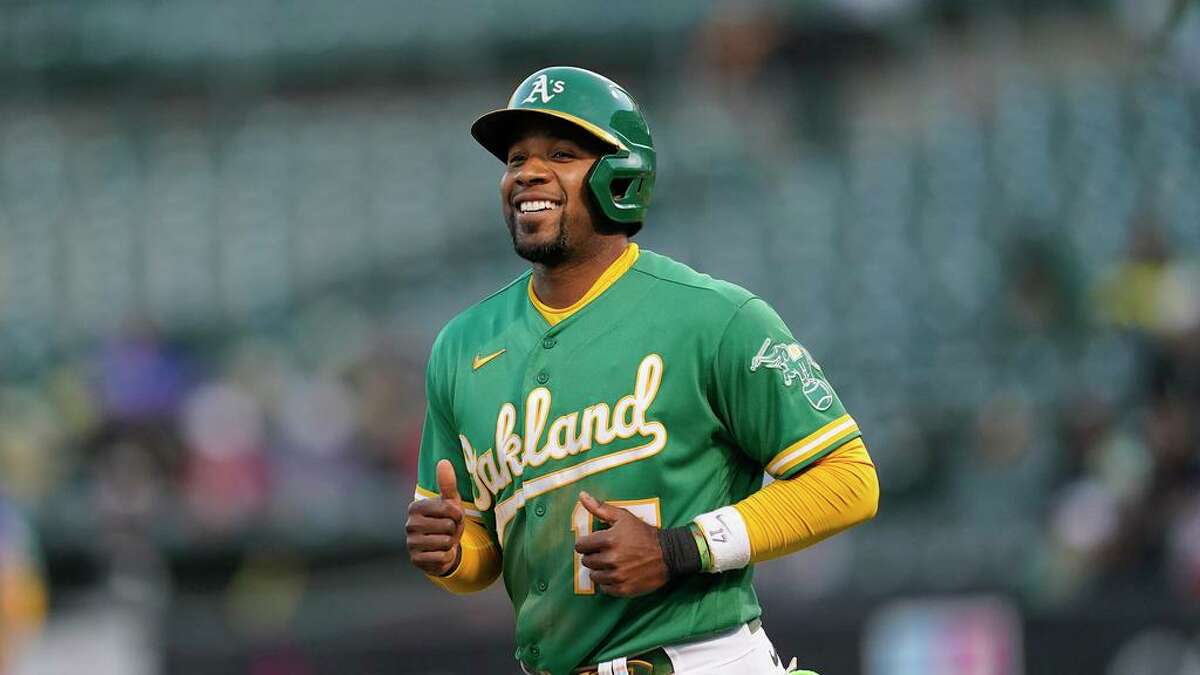 Oakland Athletics' Elvis Andrus during a baseball game against the Texas Rangers in Oakland, Calif., Saturday, July 23, 2022. (AP Photo/Jeff Chiu)