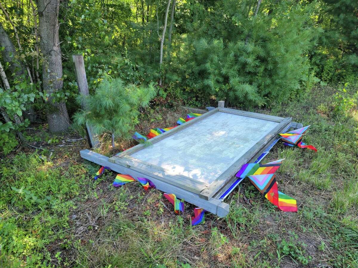 The Pride sign that has been on Merrow Road in Tolland for a few years was sawed down overnight Thursday.
