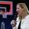 WNBA Commissioner Cathy Engelbert talks during a panel on Inspiring Woman's Night, Thursday, Aug. 4, 2022, in Arlington, Texas, after a basketball game between the Las Vegas Aces and the Dallas Wings. (Rebecca SLezak/The Dallas Morning News via AP)