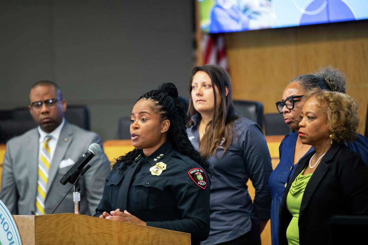 HISD Police Assistant Chief Lucretia Rogers surrounded by the HISD Superintendent Millard House II, left, and members of the Board of Education second vice president Kathy Blueford-Daniels and assistant secretary Myrna Guidry, speak about school security, Wednesday, May 25, 2022, in Houston.