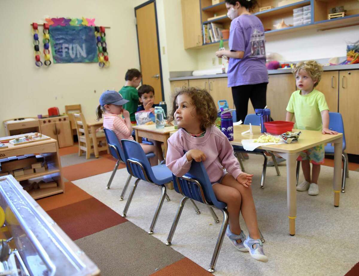 Students play and learn at Temple Sholom's Selma Maisel Nursery School in Greenwich, Conn. Wednesday, July 28, 2021. Even before COVID-19 hit, quality day care centers were in high demand. Now, with parents returning to work, it has been difficult for many to find childcare openings in the area.