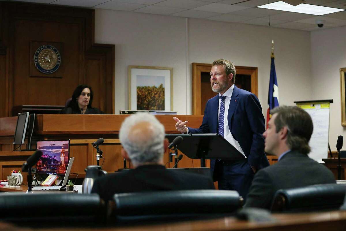 Wesley Ball gives closing arguments Friday, Aug. 5, 2022, at the Travis County Courthouse in Austin, Texas. Jurors were asked to assess punitive damages against InfoWars host Alex Jones after awarding $4.1 million in actual damages to the parents of Jesse Lewis on Thursday. (Briana Sanchez/Austin American-Statesman via AP, Pool)