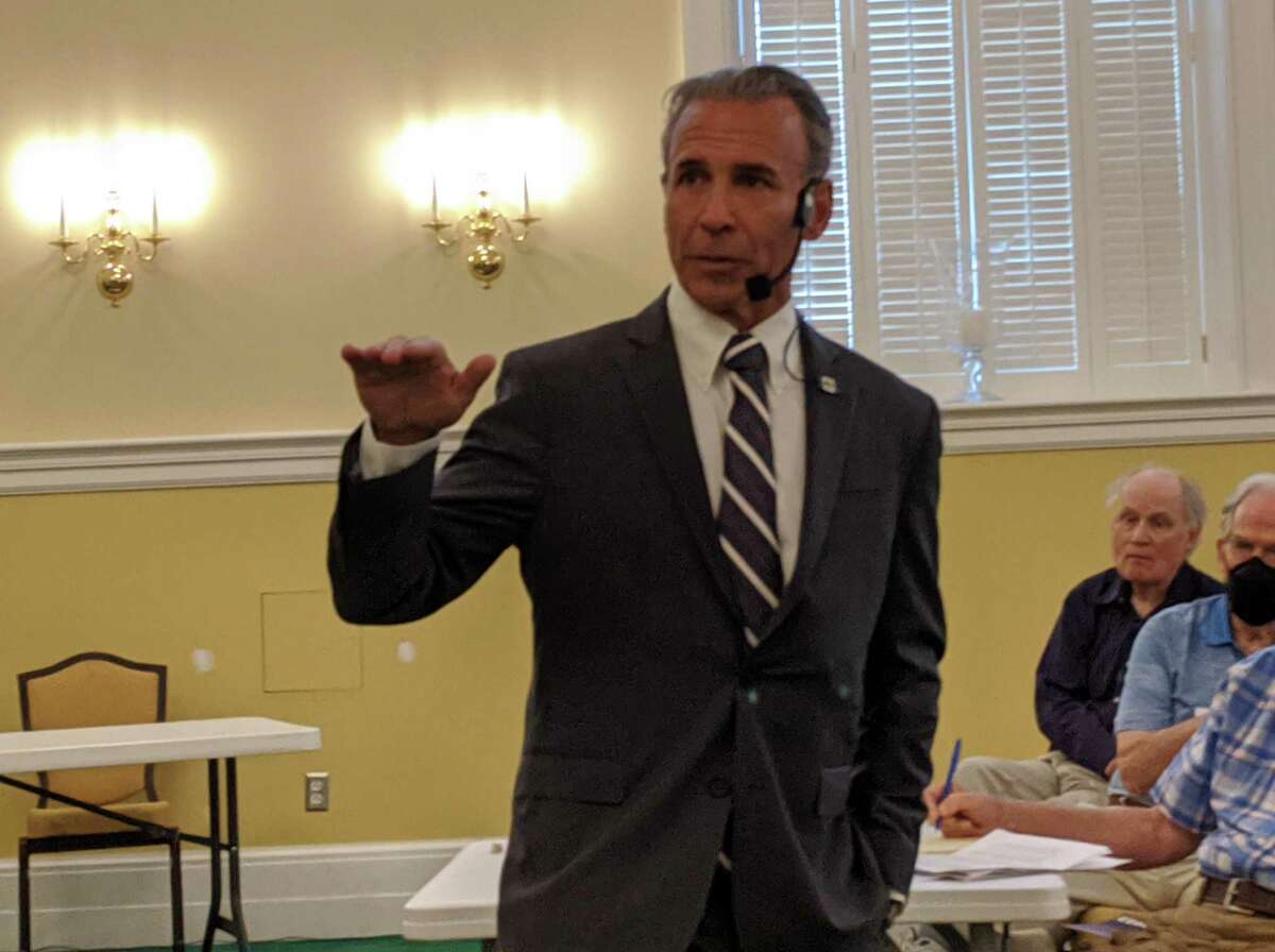 First Selectman Fred Camillo discusses Greenwich’s future before the Retired Men’s Association of Greenwich on Wednesday, with topics ranging from new pickleball courts and dog parks to capital projects.