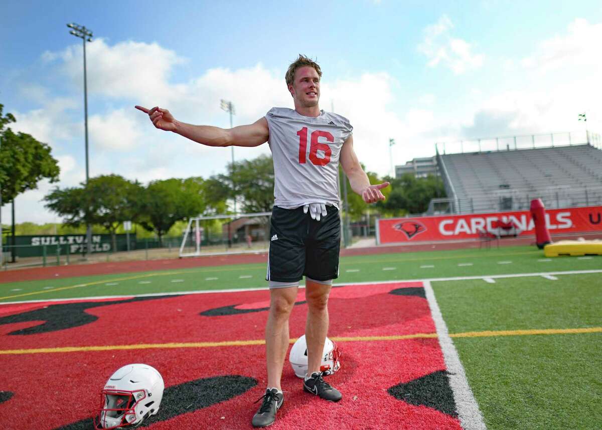 Wide receiver Taylor Grimes gestures to teammates during University of the Incarnate Word football practice on Thursday, Aug. 4, 2022.