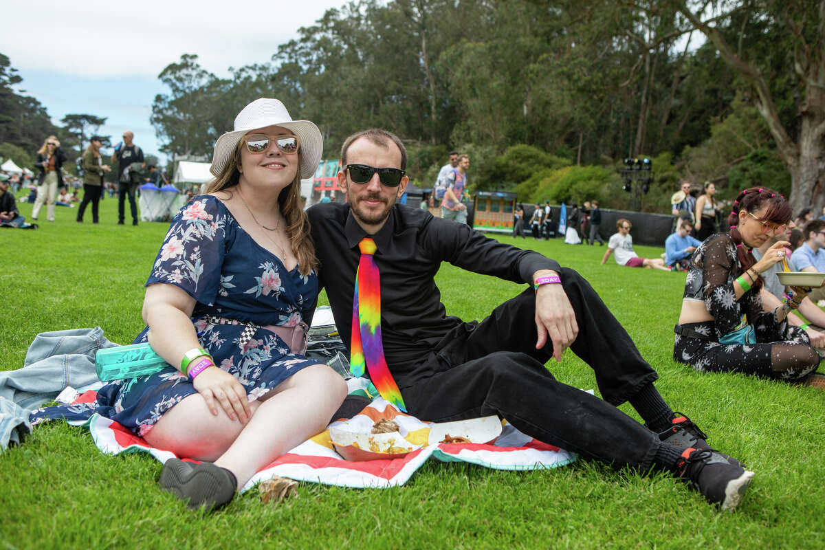 Amy Stewart and Marek Belsky hang out in Golden Gate Park on August 5, 2022 in San Francisco, California.
