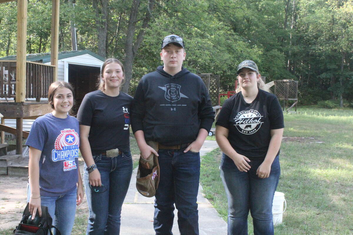 Getting ready for youth trap shooting on Thursday night at the Mecosta County Rod & Gun Club are from left, Kyleigh Knopf, Emma and Luke Roberts and Hannah Reed