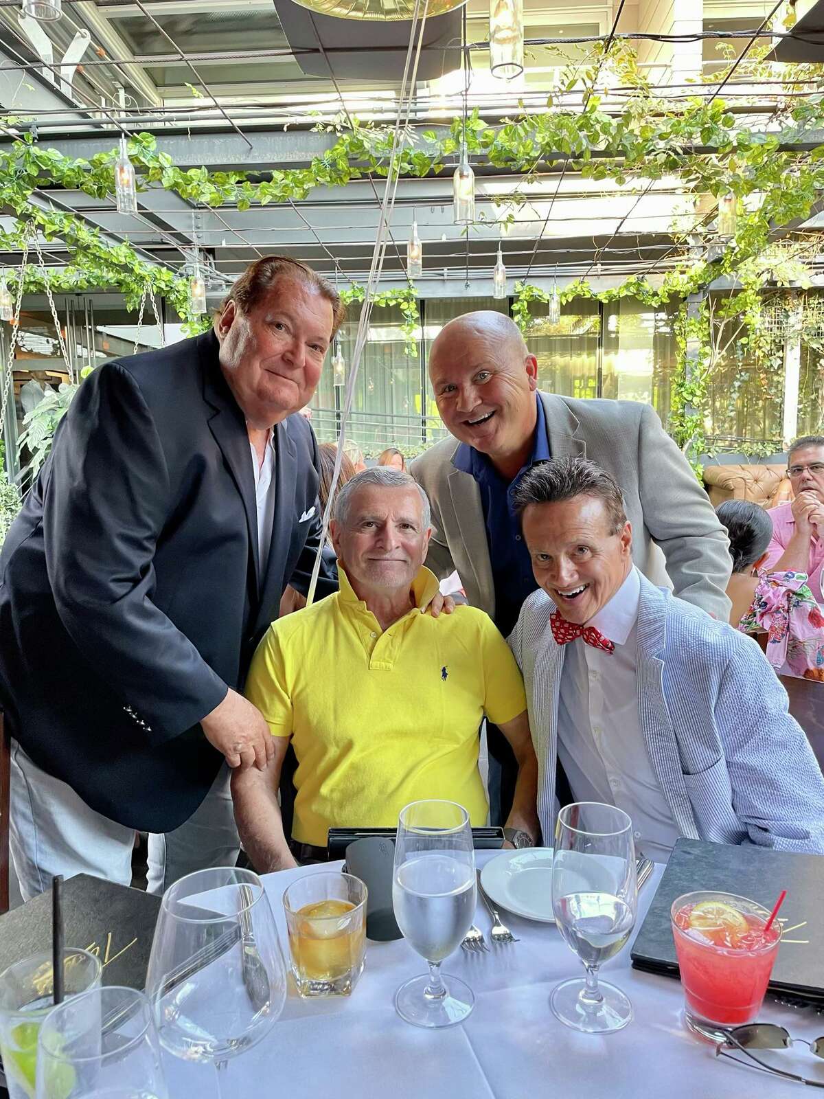 dr.  Leo Donovan of Stamford, center, celebrates his 80th birthday at Tony's at the J House in Riverside on July 30 with his former colleagues, Dr.  Lou Tufano, right, of Hamden and Dr.  Jay Berkowitz, left, of Milford and Tony Capasso, back right.
