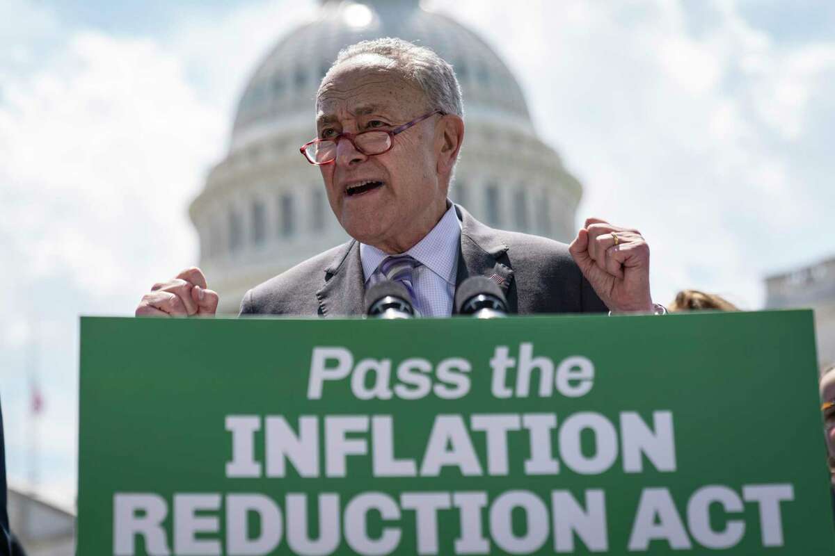 WASHINGTON, DC - AUGUST 4: Senate Majority Leader Chuck Schumer (D-NY) speaks during a news conference about the Inflation Reduction Act outside the U.S. Capitol on August 4, 2022 in Washington, DC. Negotiations continue on the Senate budget reconciliation deal, which Senate Democrats have named The Inflation Reduction Act of 2022. The bill is expected to include $370 billion on energy and climate spending, roughly $300 billion in deficit reduction, three years of subsidies for Affordable Care Act premiums, some prescription drug reforms and tax modifications. (Photo by Drew Angerer/Getty Images)
