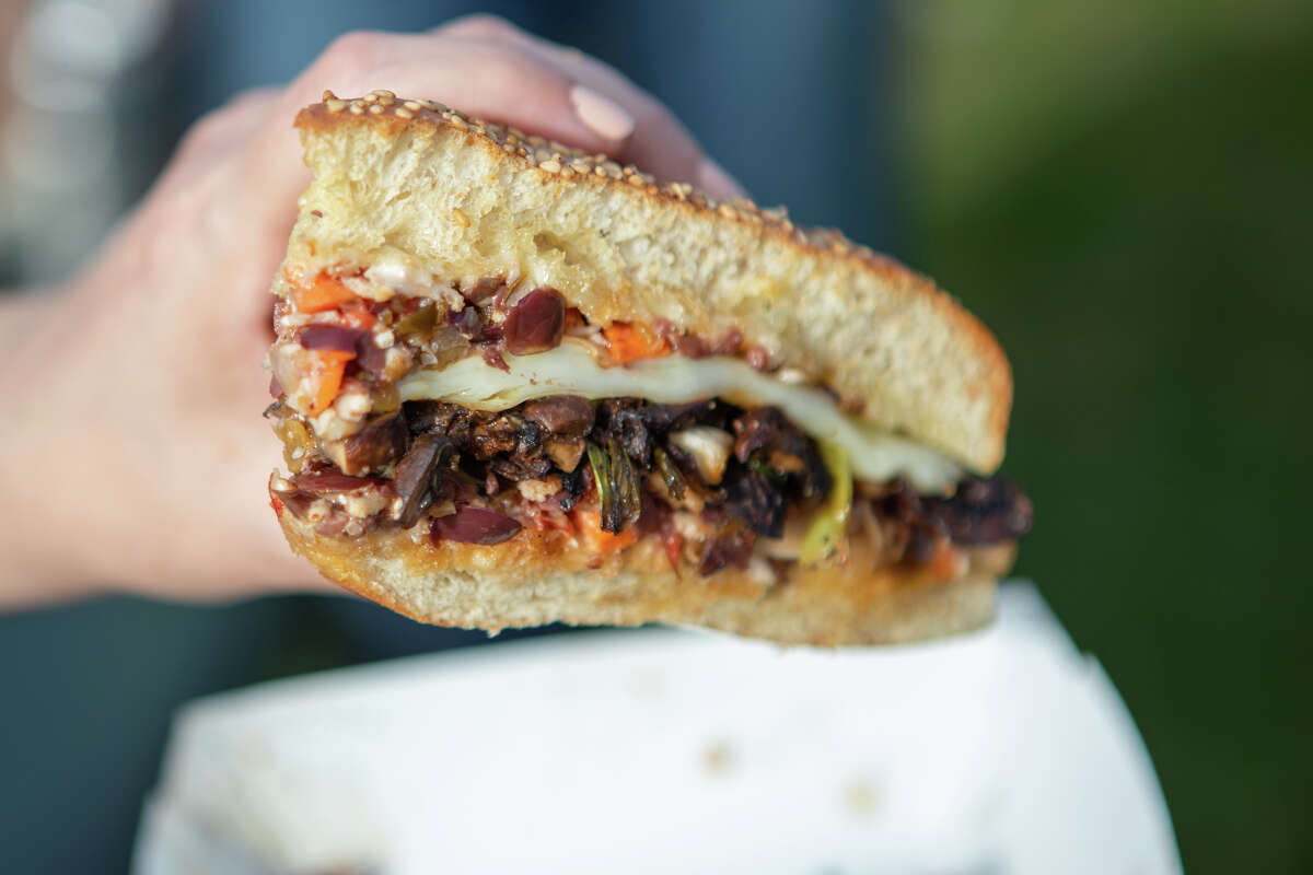 Sandy's New Orleans style Mushroom Muffuletta sandwich at Outside Lands in Golden Gate Park in San Francisco, Calif. on Aug. 5, 2022.
