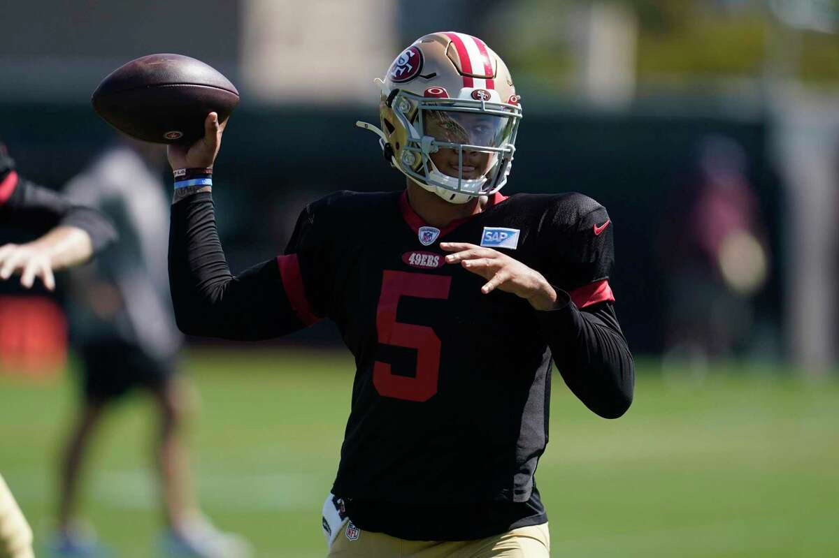 San Francisco 49ers quarterback Trey Lance (5) takes part in drills at the NFL football team's practice facility in Santa Clara, Calif., Friday, Aug. 5, 2022. (AP Photo/Jeff Chiu)