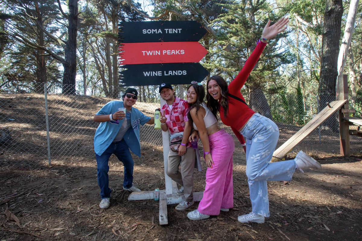 (Left to right) Antawn, Valtierra, Jacqueline Pete, Christina Quintana, and Kaitlyn Parker pose for a photo at Outside Lands in Golden Gate Park in San Francisco, Calif. on Aug. 6, 2022.