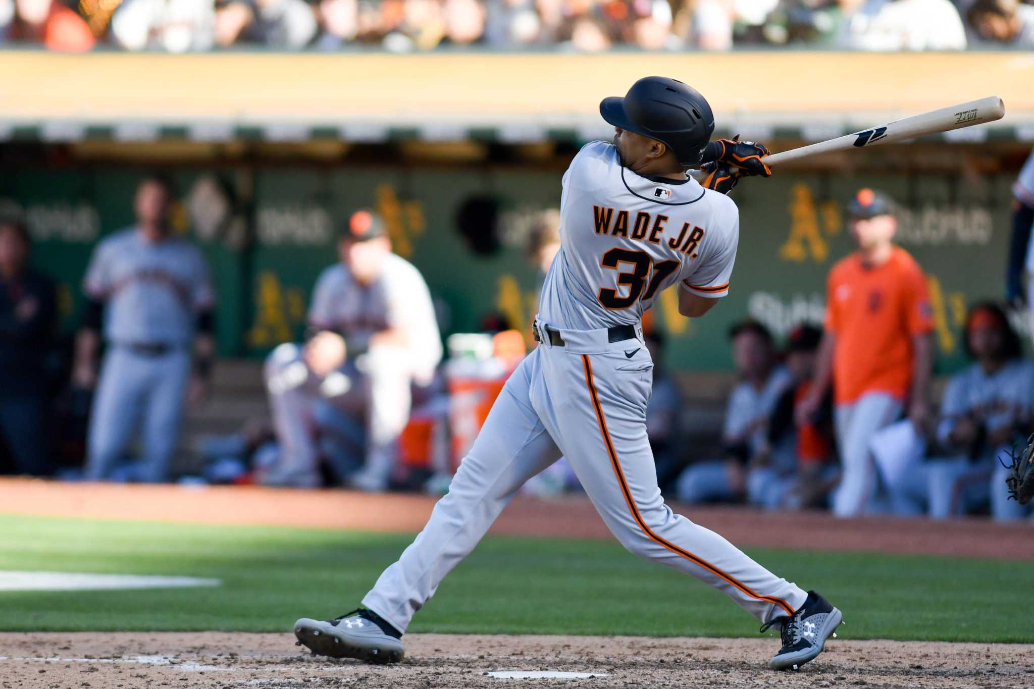 LaMonte Wade Jr. #31 of the San Francisco Giants smiling after