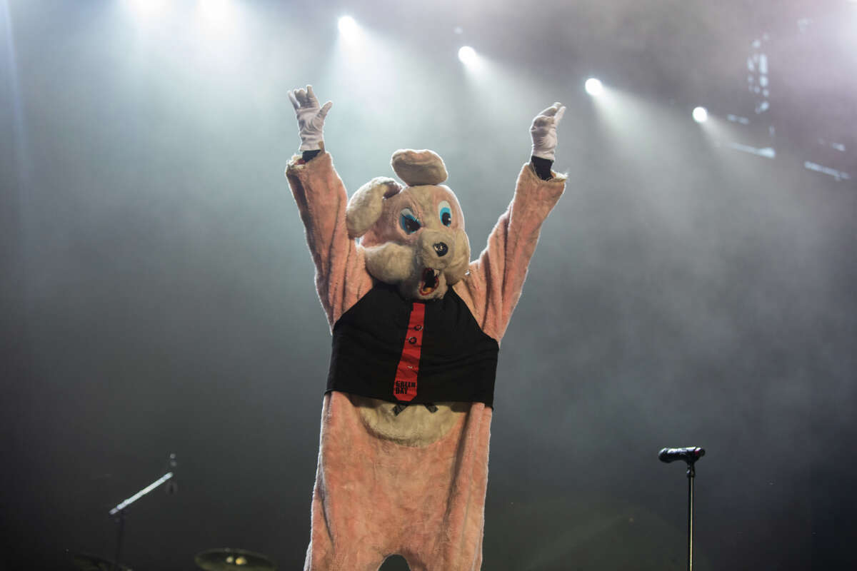A Pink Bunny entertains fans before Green Day's performance at Outside Lands in Golden Gate Park in San Francisco, Calif. on Aug. 6, 2022.