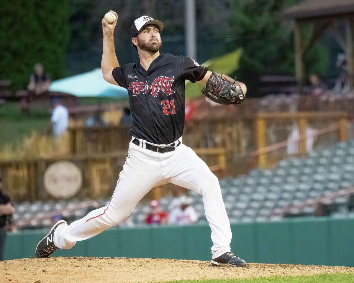 Tri-City ValleyCats pitcher Adam Hofacket works during a Frontier League game against the New Jersey Jackals at the Joseph L. Bruno Stadium on the Hudson Valley Community College campus in Troy, NY, on Sunday, Aug. 7, 2022. (Jim Franco/Special to the Times Union)