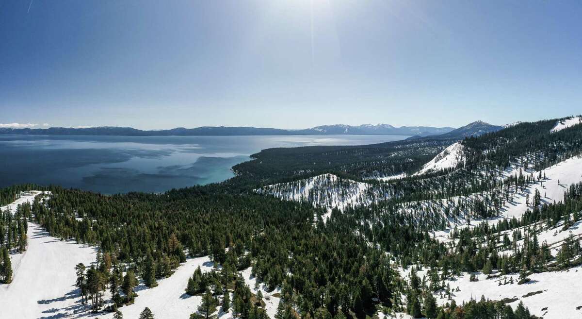 Aerial panorama looking south toward South Lake Tahoe from Homewood Resort.