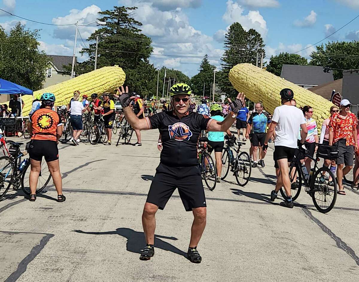 Marc Reich poses during a stop in Hawkeye, Iowa during the 2022 RAGBRAI.