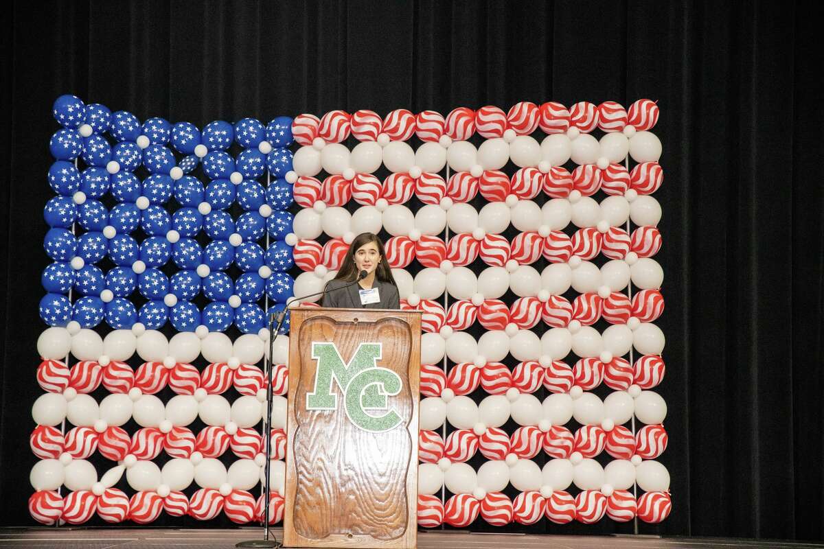 Sophie Sharum giving speech in June at Midland Young Leaders Challenge Awards Ceremony at Al G. Langford Chaparral Center, Midland College