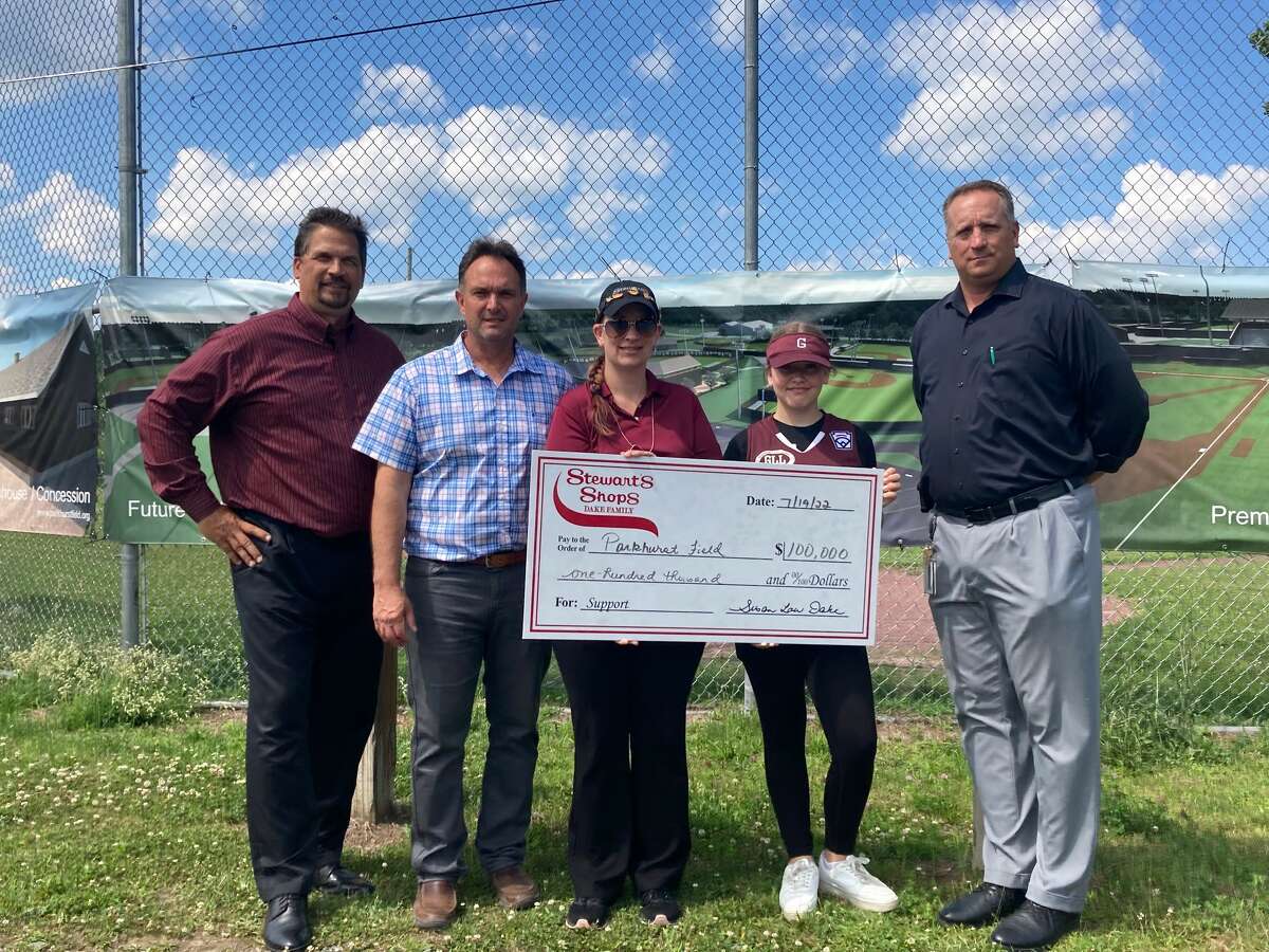Stewart's Shops and the Dake family donated $100,000 to the Parkhurst Field Foundation. Pictured, from left, is Dave Karpinski, executive director of the Parkhurst Field Foundation; Mike Hauser, vice president of the foundation; Brandy Dow of Stewart’s Gloversville store; McKenna Dow, a Gloversville Little League player, and TJ Peterson, Stewart’s district manager.