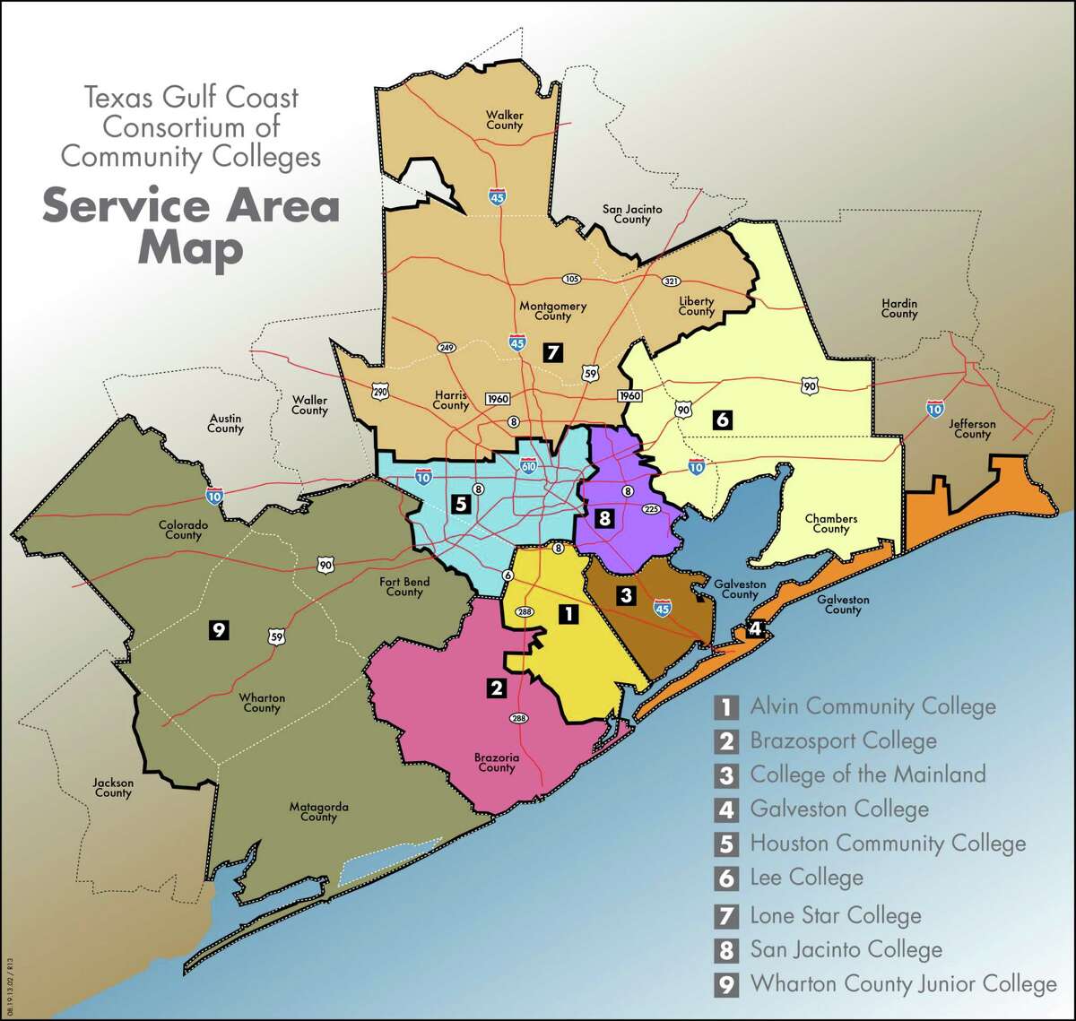 There are nine members of the Texas Gulf Coast Community Colleges Consortium. Shown here are the boundaries of the colleges in the greater Houston region.
