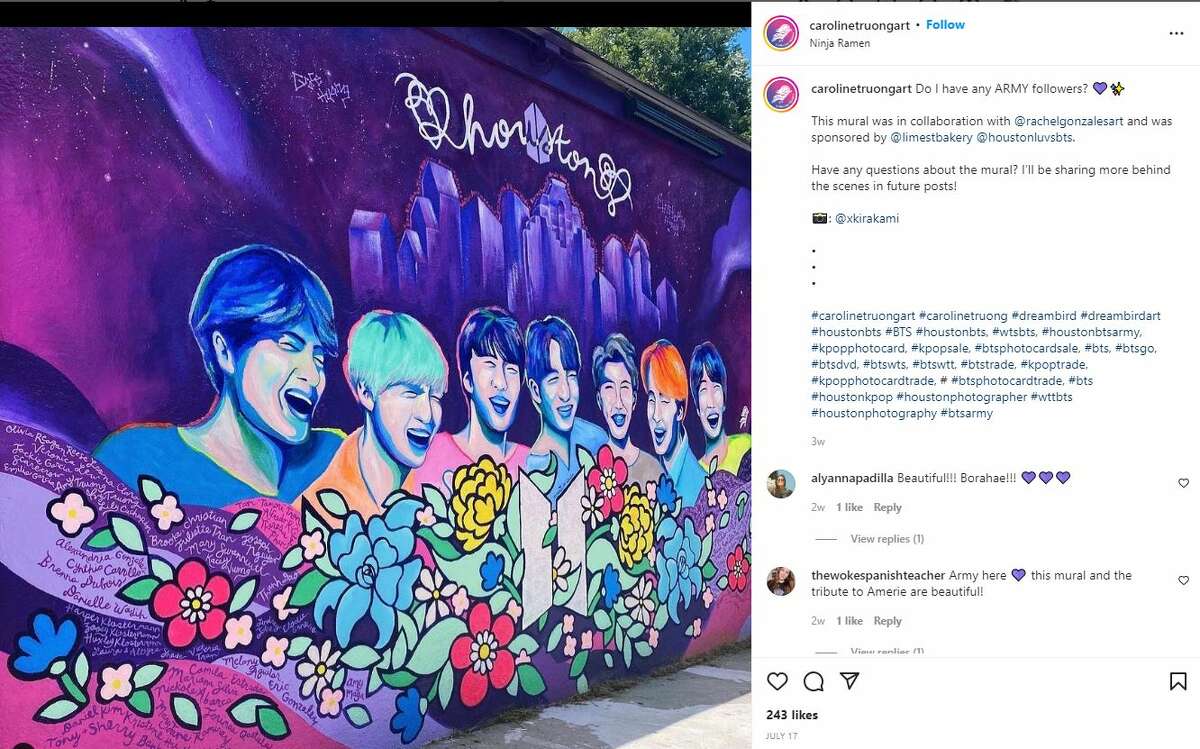 Two Houston artists have created a mural at Ninja Ramen on Washington Ave. to pay tribute to the South Korean band, BTS, and also honor 10-year-old Amerie Jo Garza, who was among the 19 killed in the Uvalde school shooting in May. 