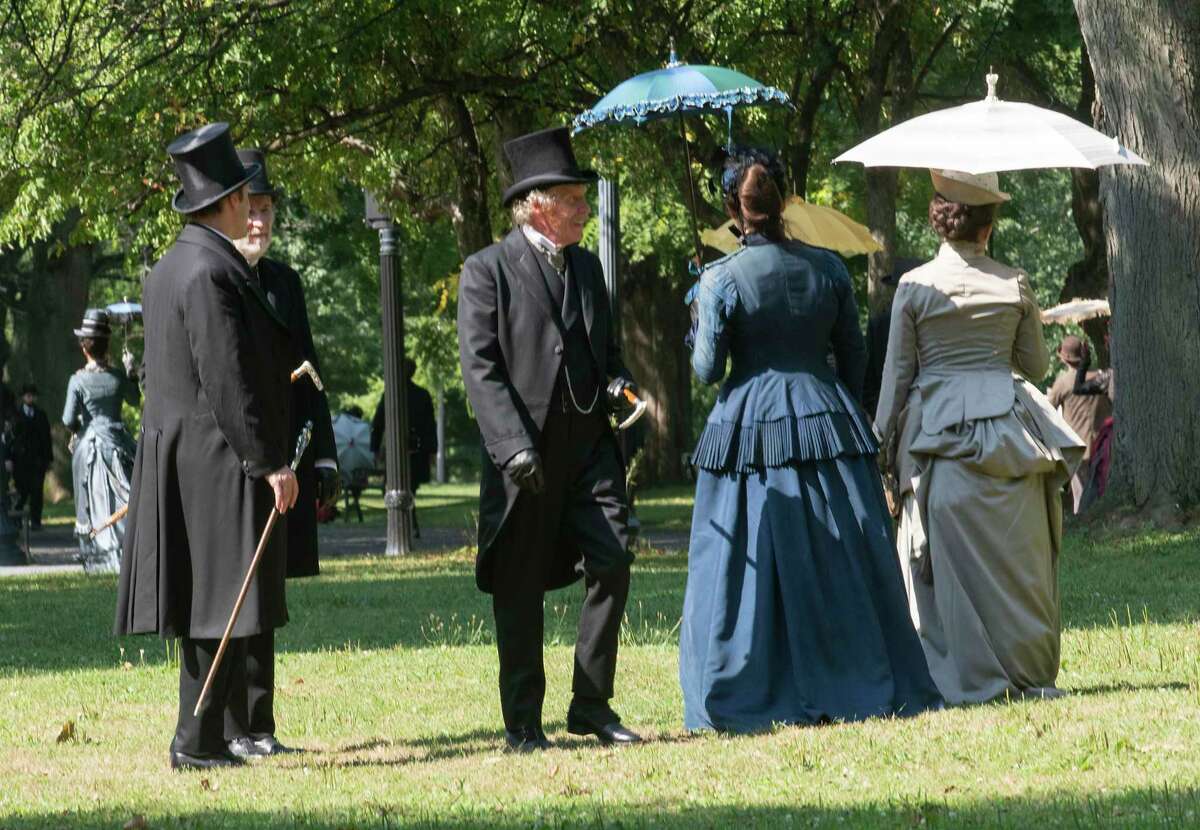 Actors are seen during the filming of the HBO series ‘The Gilded Age' in Washington Park on Monday, Aug. 8, 2022 in Albany, N.Y.