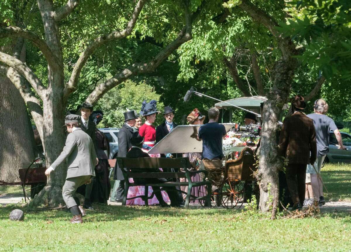 Actors are seen during the filming of the HBO series ‘The Gilded Age' in Washington Park on Monday, Aug. 8, 2022 in Albany, N.Y.