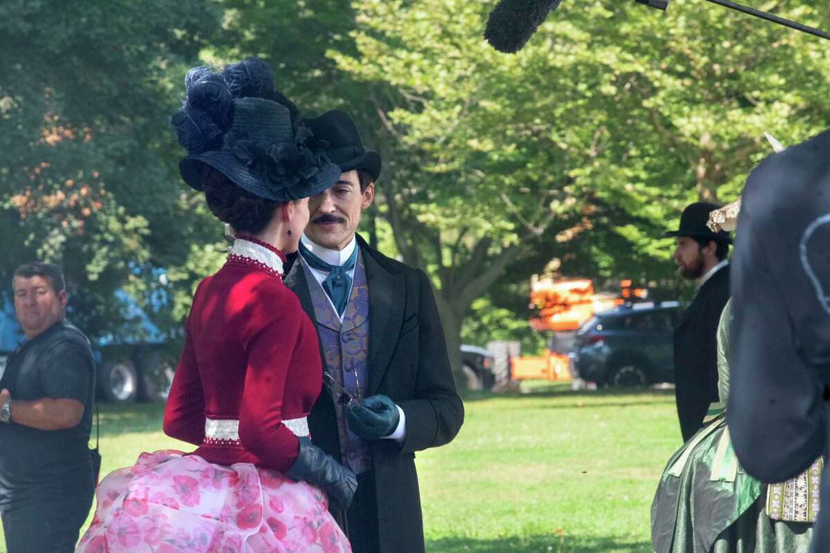 Actors are seen during the filming of the HBO series ‘The Gilded Age' in Washington Park on Monday, Aug. 8, 2022 in Albany, N.Y.