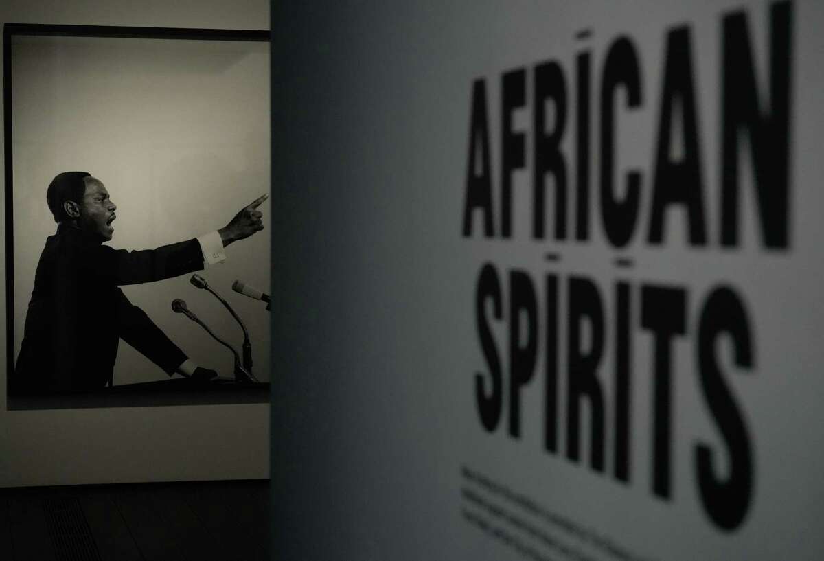 The “Martin Luther King Jr.” photograph from the “Samuel Fosso: African Spirits” exhibition is photographed Friday, Aug. 5, 2022, at The Menil Collection in Houston. In the series, Fosso reimagined himself as prominent figures from 20th century Black liberation movements.