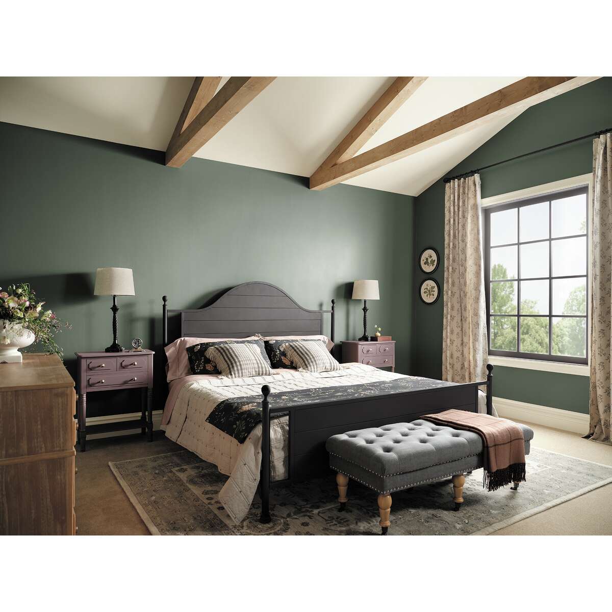 HGTV Home by Sherwin-Willliams' Pewter Green is shown in a bedroom.