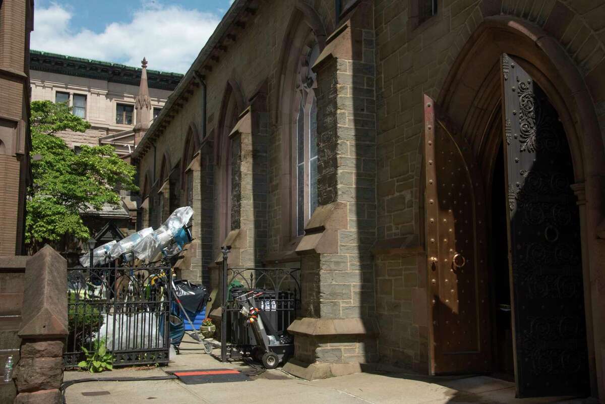 Lights are seen set up outside St. Peter’s Episcopal Church on State and Lodge Streets for the filming of the HBO series ‘The Gilded Age' on Monday, Aug. 8, 2022 in Albany, N.Y.