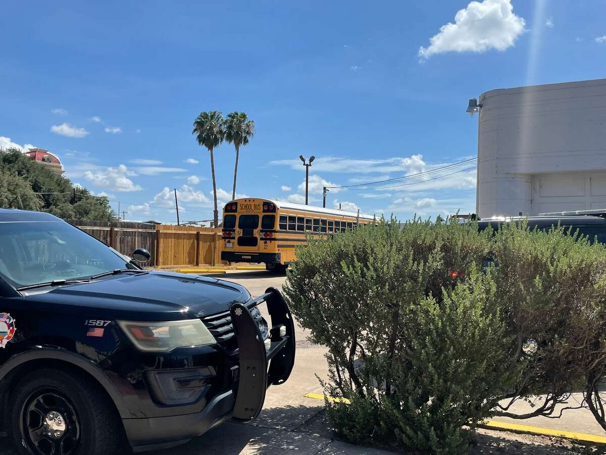 A body was discovered in downtown Laredo near the corner of Matamoros Street and Flores Avenue inside a school bus on Monday, Aug. 8, 2022.