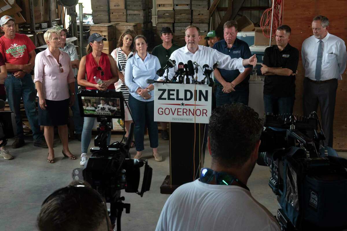 Congressman Lee Zeldin joins other officials and farmers to discuss the negative impact the proposed reduction in the farm laborer overtime threshold would have on farmers, food security, and families across New York at Stanton’s Feura Farm on Monday, Aug. 8, 2022 in Feura Bush, N.Y.