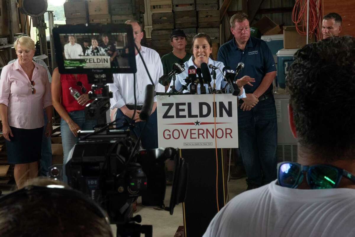 Congresswoman Elise Stefanik joins other officials and farmers to discuss the negative impact the proposed reduction in the farm laborer overtime threshold would have on farmers, food security, and families across New York at Stanton’s Feura Farm on Monday, Aug. 8, 2022 in Feura Bush, N.Y.